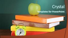  Presentation with tan book stack stacks of books - Cool new presentation theme with green apple and alarm clock backdrop and a ocean colored foreground