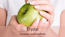  Presentation with green apple - Audience pleasing PPT theme consisting of green apple in woman's hands backdrop and a  colored foreground