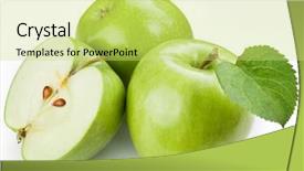  Presentation with fresh water splash green apple isolated white - Slide deck enhanced with green apples with apple leaf background and a yellow colored foreground