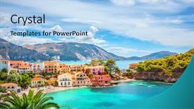  Presentation with green architecture - Presentation consisting of green architecture - assos village in kefalonia greece background and a light blue colored foreground