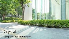  Presentation with architecture glass - Colorful PPT theme enhanced with green architecture - glass wall of modern office backdrop and a lemonade colored foreground