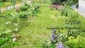  Presentation with green house - Colorful PPT theme enhanced with green area near house with several kinds of flowers backdrop and a yellow colored foreground