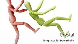  Presentation with mannequin - Presentation enhanced with green artist's mannequin falling as a red one kicks him in the rear isolated on white background and a white colored foreground