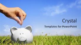  Presentation with accounting financial bank banking account - PPT theme enhanced with green banking - coin bank sitting on grass background and a light blue colored foreground
