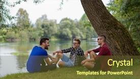  Presentation with virile young men - Colorful theme enhanced with green banking - group of young men enjoying backdrop and a tawny brown colored foreground
