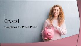  Presentation with banking - PPT theme consisting of green banking - young redhead woman over grey background and a light gray colored foreground