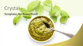  Presentation with dip - Colorful theme enhanced with green-basil-pesto-dip-sauce backdrop and a blonde colored foreground