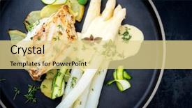  Presentation with top view of fresh fish - Audience pleasing presentation consisting of roast potatoes and sliced zucchini backdrop and a blonde colored foreground