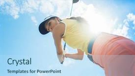  Presentation with club - Theme enhanced with low-angle view of a female professional player holding up the iron club with concentration for strike while playing golf outdoors against cloudy sky background and a sky blue colored foreground