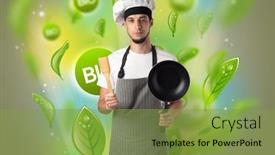  Presentation with bio - Beautiful presentation theme featuring green bio leaves concept and cook portrait with kitchen tools backdrop and a seafoam green colored foreground