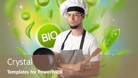  Presentation with bio - Beautiful presentation featuring green bio leaves concept and cook portrait with kitchen tools backdrop and a coral colored foreground
