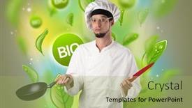  Presentation with bio - PPT theme having green bio leaves concept and cook portrait with kitchen tools background and a mint green colored foreground