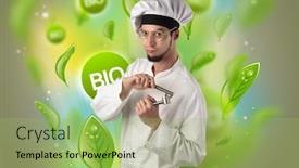  Presentation with bio - Colorful PPT theme enhanced with green bio leaves concept and cook portrait with kitchen tools backdrop and a yellow colored foreground