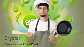 Presentation with bio - PPT layouts enhanced with green bio leaves concept and cook portrait with kitchen tools background and a mint green colored foreground