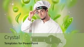  Presentation with bio - Colorful PPT layouts enhanced with green bio leaves concept and cook portrait with kitchen tools backdrop and a mint green colored foreground