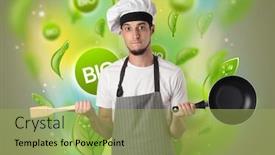 Presentation with bio - Theme with green bio leaves concept and cook portrait with kitchen tools background and a yellow colored foreground