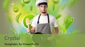  Presentation with bio - Colorful PPT layouts enhanced with green bio leaves concept and cook portrait with kitchen tools backdrop and a seafoam green colored foreground