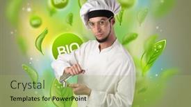  Presentation with bio - PPT layouts featuring green bio leaves concept and cook portrait with kitchen tools background and a mint green colored foreground