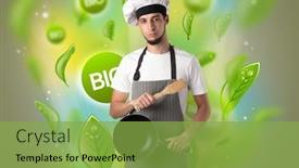  Presentation with bio - Theme having green bio leaves concept and cook portrait with kitchen tools background and a seafoam green colored foreground