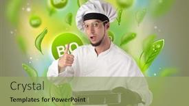  Presentation with bio - Colorful slide set enhanced with green bio leaves concept and cook portrait with kitchen tools backdrop and a mint green colored foreground