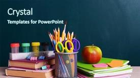  Presentation with education supplies - Beautiful theme featuring green blackboard education - school supplies on table backdrop and a ocean colored foreground