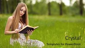  Presentation with child girl reading a book - PPT theme featuring green book - girl-student sit on lawn background and a gold colored foreground