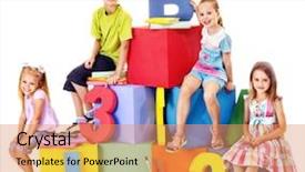  Presentation with cube - Theme featuring green book alphabets - children sitting at cube hand background and a coral colored foreground