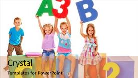  Presentation with cube - PPT theme enhanced with green book alphabets - children sitting at cube hand background and a coral colored foreground