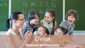  Presentation with classmates - Colorful PPT layouts enhanced with green book alphabets - happy classmates at school backdrop and a  colored foreground