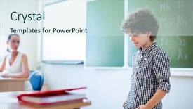  Presentation with 40s or 50s sad - Amazing slides having green book alphabets - sad pupil in classroom backdrop and a  colored foreground