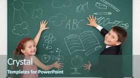 Presentation with school board - Slide set consisting of green book alphabets - school boy and girl drawing background and a  colored foreground