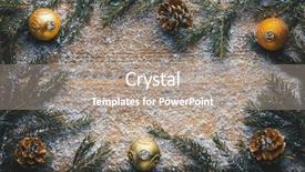  Presentation with green grass under the snow - Theme featuring green branch and pine cones background and a gray colored foreground