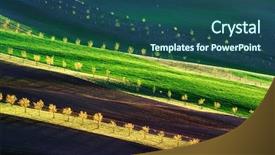  Presentation with green hills - Presentation design having green brown and yellow waves background and a ocean colored foreground