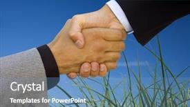  Presentation with team work - Slides featuring green business team work handshake to seal the agreement background and a teal colored foreground