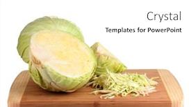  Presentation with cabbage - Theme featuring green cabbage shredded on wooden board isolated on white background and a white colored foreground