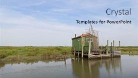  Presentation with dock - Audience pleasing presentation design consisting of green-cabin-at-wooden-boat backdrop and a light blue colored foreground