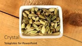  Presentation with cardamom - Amazing theme having green cardamom in white bowl on wooden background close-up backdrop and a yellow colored foreground