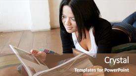  Presentation with english magazine - Slide set having green catalogue - young brunette woman is reading background and a  colored foreground