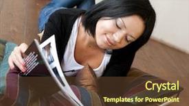  Presentation with reading - Slide set consisting of green catalogue - young brunette woman is reading background and a  colored foreground