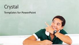  Presentation with teenage girl - Cool new presentation theme with green chalkboard - smiling teenage girl pointing up backdrop and a light gray colored foreground