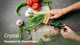  Presentation with thread - PPT layouts consisting of green chili paper - female hands cutting thread background and a tawny brown colored foreground