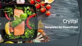  Presentation with vegetables - Slides consisting of green chili paper - raw red fish with vegetables background and a gray colored foreground