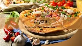  Presentation with pizza - Slide set with green chili paper - tasty pizza with vegetables background and a gold colored foreground