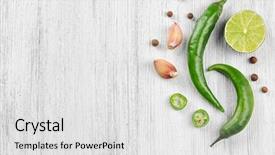  Presentation with lemon lime - PPT layouts having green chili peppers garlic lemon lime on light wooden background background and a light gray colored foreground