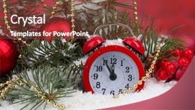  Presentation with snow tree - Audience pleasing presentation consisting of green christmas tree with toy and clock in the snow on red backdrop and a tawny brown colored foreground