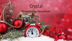  Presentation with snow tree - Presentation theme consisting of green christmas tree with toy and clock in the snow on red background and a coral colored foreground