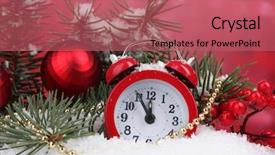  Presentation with snow tree - Beautiful slide deck featuring green christmas tree with toy and clock in the snow on red backdrop and a coral colored foreground