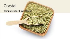  Presentation with green coffee - Presentation theme with green coffee beans in wooden background and a yellow colored foreground