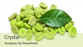  Presentation with green coffee - Theme with green coffee beans with leaf background and a yellow colored foreground