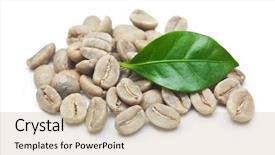  Presentation with green coffee beans - Audience pleasing PPT layouts consisting of green coffee beans with leaf backdrop and a  colored foreground